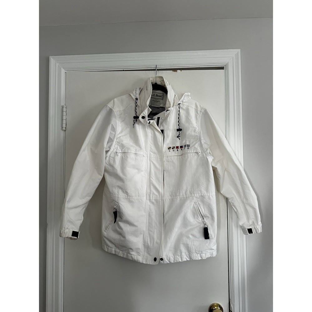 L.L. Bean Nautical Coastal Sailing Jacket Sz:L White Hooded Cotton Nylon